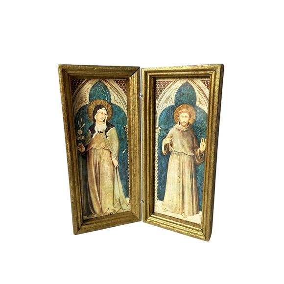 Vintage 50s 60s Gold Gilt Box 2 Saints Inside Made in Italy Religious Christian - Picture 2 of 12